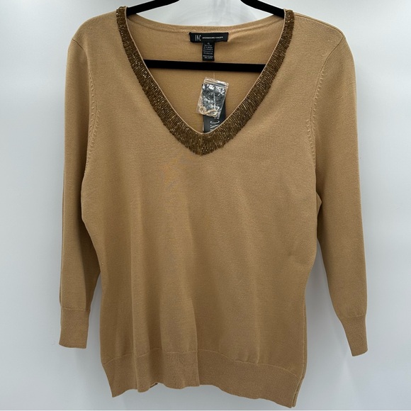 NWT INC International Concepts Gold Tan Holiday Sweater Gold Beading on V Neck - Picture 2 of 13